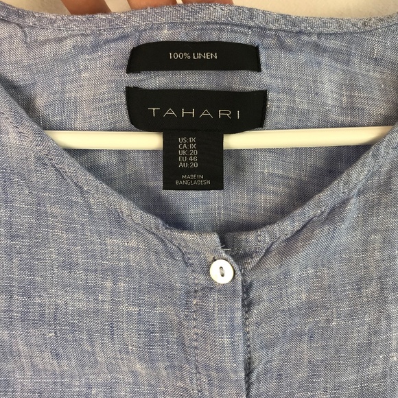 100% Linen Tahari Tunic Shirt 1X Button Front Roll Tab Long Sleeve Chambray - Picture 3 of 7